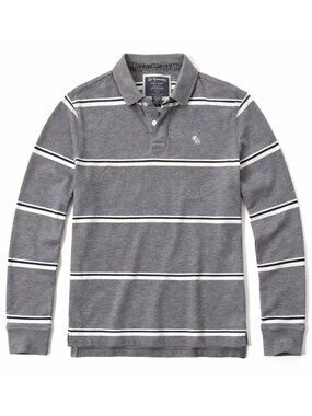 Abercrombie & Fitch Mens Vintage Y2K Stripe Long Sleeve Polo Size XL Preppy Grey